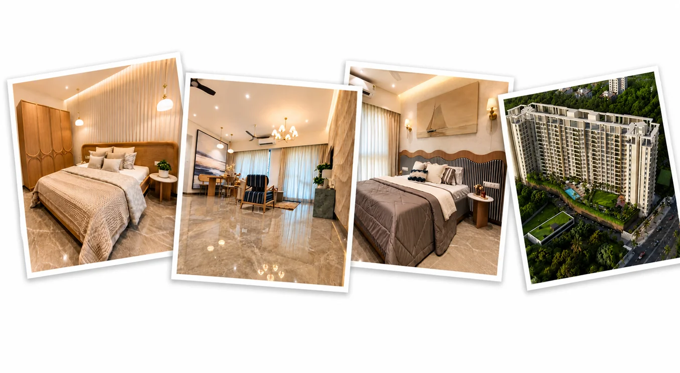 Luxurious master bedroom with warm lighting, plush bed and beige decor, side table and wardrobe.