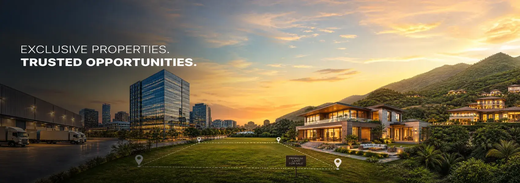 Promotional banner of a luxury real estate development: glass office buildings on the left, hillside villas on the right at sunset, with a 'Premium land for sale' sign in the foreground.
